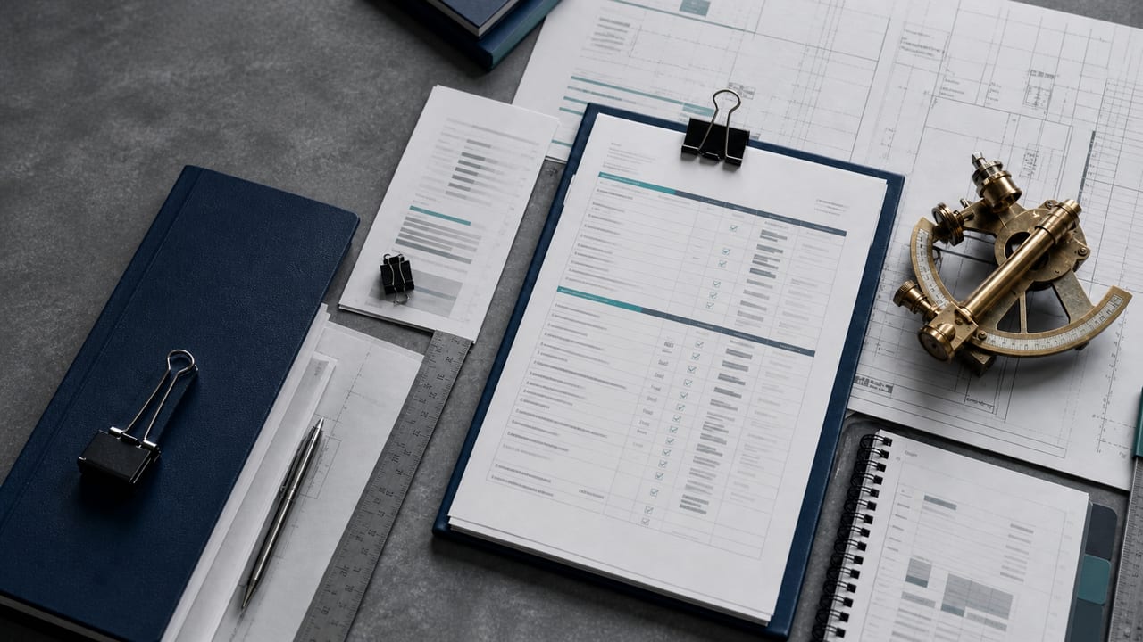 Quality checklist, project documents, and navigation instrument arranged on a worktable